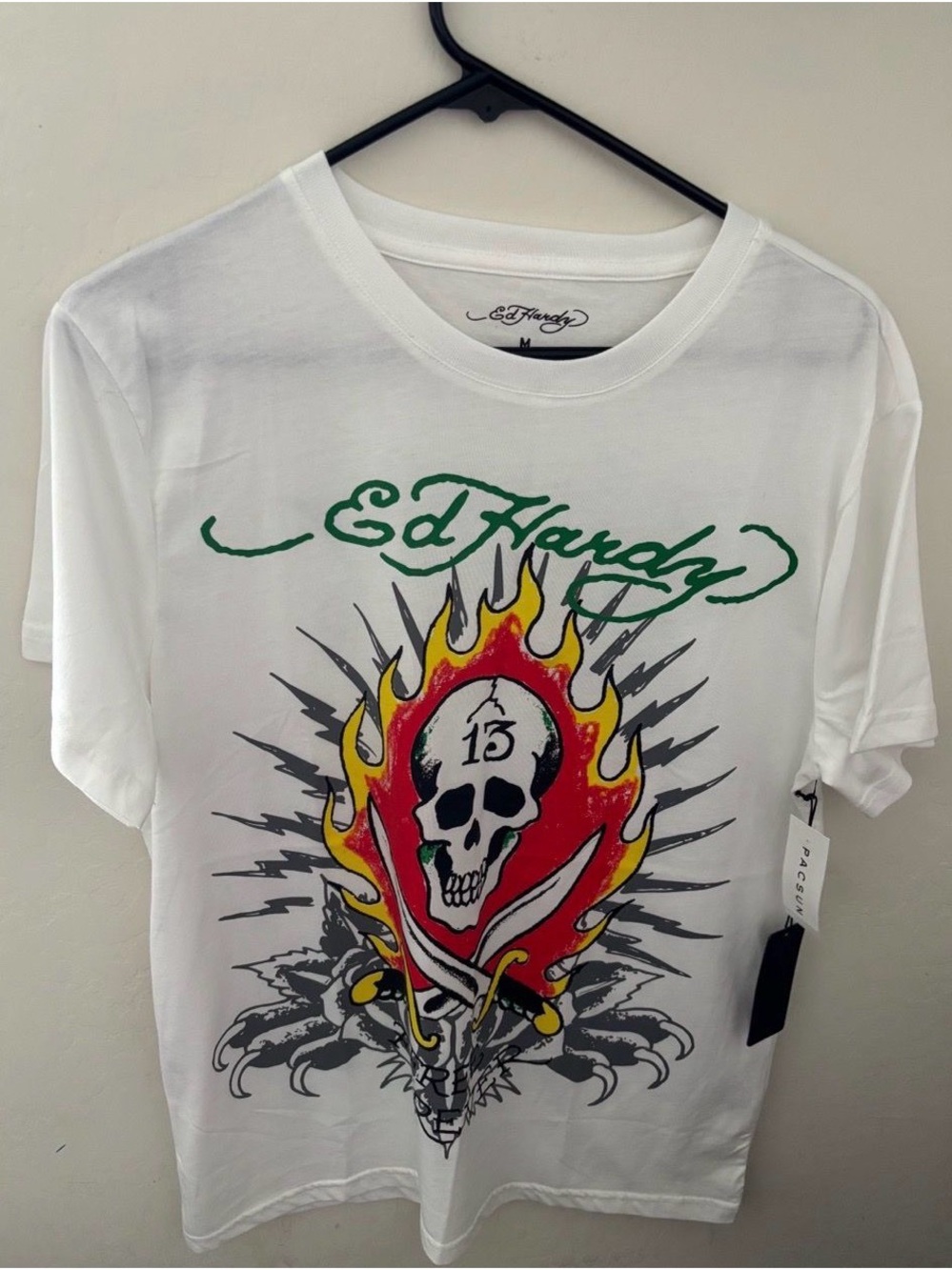 Ed Hardy White Short Sleeve Tee with Skull & Flame Graphic